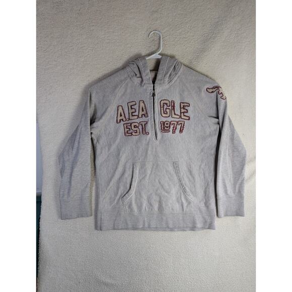 American Eagle Hoodie Sweatshirt Mens Large Gray Y2K Fleece 1/2 Zip Preppy - Picture 1 of 16